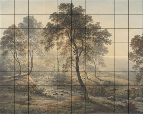 Ceramic tile mural with river, trees and morning light in classic landscape scene