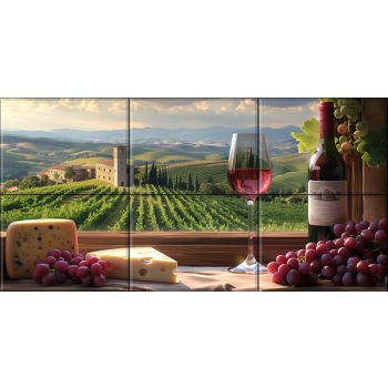 Tuscan vineyard with wine glass, cheese wedges, and grape clusters on a mosaic tile scene Tuscan vineyard with wine glass, cheese wedges, and grape clusters on a mosaic tile scene