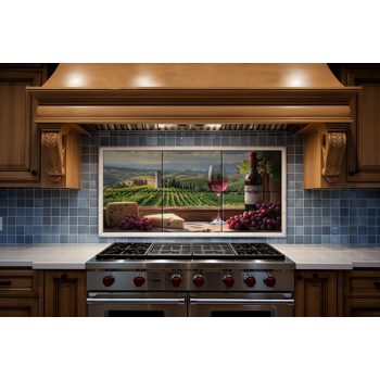 Tuscan vineyard with wine glass, cheese wedges, and grape clusters on a mosaic tile scene