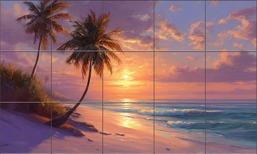 Tropical tile mural with palm trees and sunset on a serene beach