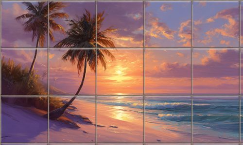 ceramic tile mural with tropical sunset and palm trees