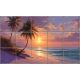 Tropical tile mural with palm trees and sunset on a serene beach