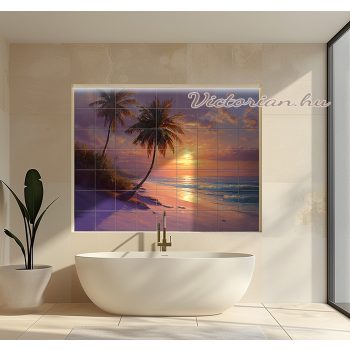 Tropical tile mural with palm trees and sunset on a serene beach