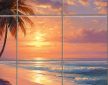 ceramic tile mural with tropical sunset and palm trees
