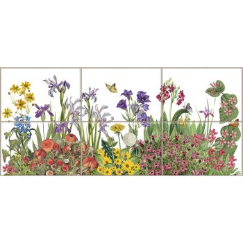 Tile mural with irises, wildflowers, mushrooms and butterflies Tile mural with irises, wildflowers, mushrooms and butterflies