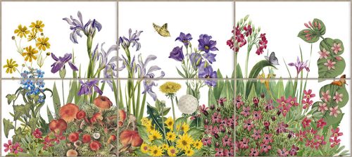 Tile mural with irises, wildflowers, mushrooms and butterflies