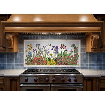 Tile mural with irises, wildflowers, mushrooms and butterflies