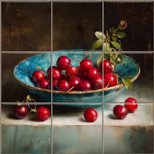 Cranberry still life ceramic tile mural with blue bowl and green leaves
