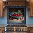 Cranberry still life ceramic tile mural with blue bowl and green leaves