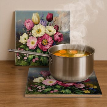 Edényalátét csempe - virágcsokor hegyi tájjal