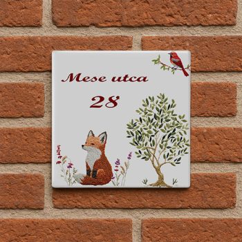 Ceramic house number sign with fox bird and tree motif