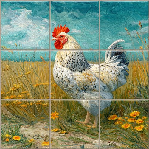 Tile mural with white hen in a wildflower meadow under blue sky