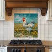 Tile mural with white hen in a wildflower meadow under blue sky