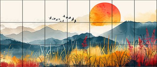 sunset behind mountain range with birds and wild meadow – artistic ceramic tile mural