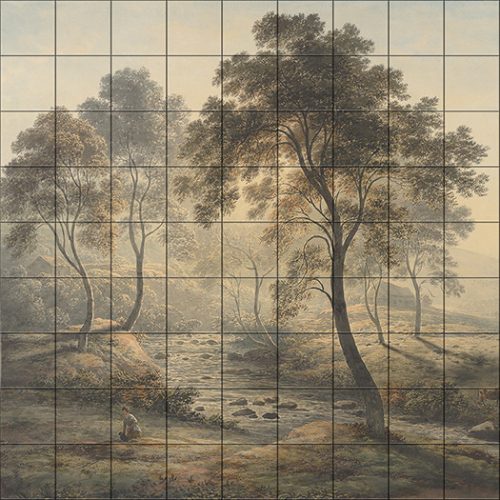 Ceramic tile mural with river, trees and morning light in classic landscape scene
