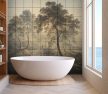 Ceramic tile mural with river, trees and morning light in classic landscape scene