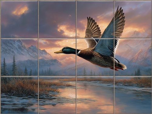 Repülő vadkacsát ábrázoló dekorcsempe hegyvidéki tájjal