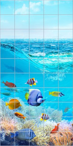 Tile mural with tropical fish and coral reef in the blue ocean