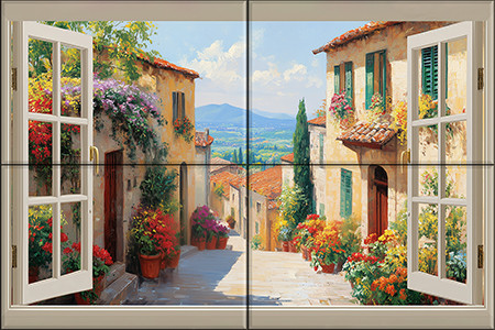 Mediterranean window tile mural – Tuscan street with floral houses and scenic hill view