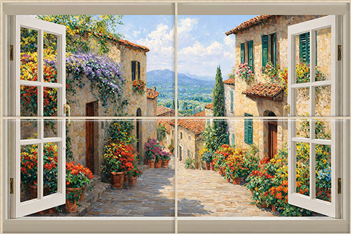 Mediterranean window tile mural – Tuscan street with floral houses and scenic hill view