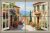 Mediterranean window tile mural – Tuscan street with floral houses and scenic hill view
