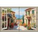 Mediterranean window tile mural – Tuscan street with floral houses and scenic hill view