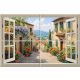 Mediterranean window tile mural – Tuscan street with floral houses and scenic hill view
