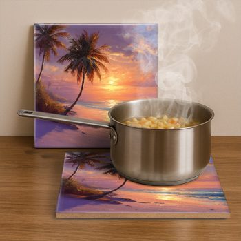 Tropical sunset with palm trees - ceramic tile trivet
