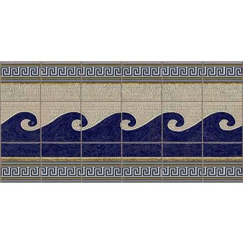 Greek style ceramic tile mural with dark blue wave motif, beige mosaic background and geometric border Greek style ceramic tile mural with dark blue wave motif, beige mosaic background and geometric border