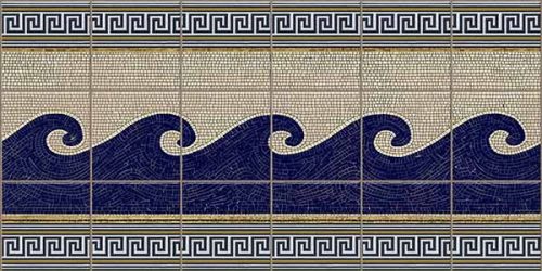 Greek style ceramic tile mural with dark blue wave motif, beige mosaic background and geometric border