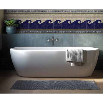 Greek style ceramic tile mural with dark blue wave motif, beige mosaic background and geometric border