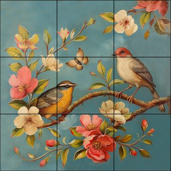 Ceramic tile mural with birds, peach blossoms and butterfly Ceramic tile mural with birds, peach blossoms and butterfly