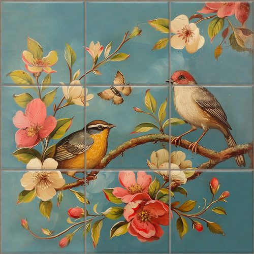 Ceramic tile mural with birds, peach blossoms and butterfly