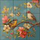 Ceramic tile mural with birds, peach blossoms and butterfly