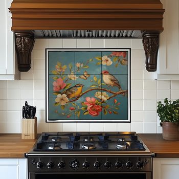 Ceramic tile mural with birds, peach blossoms and butterfly