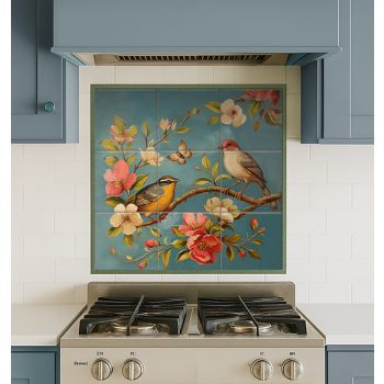 Ceramic tile mural with birds, peach blossoms and butterfly
