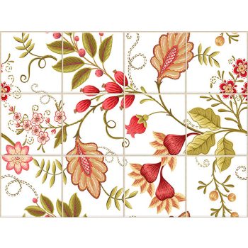 Tile mural with red rosehips, stylized flowers, and flowing vines