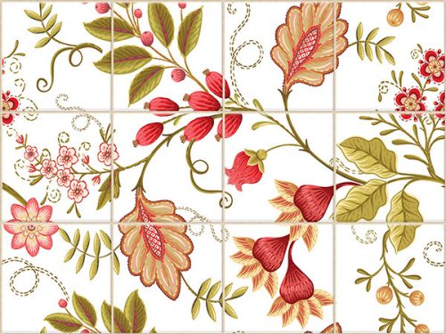 Tile mural with red rosehips, stylized flowers, and flowing vines