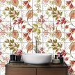 Tile mural with red rosehips, stylized flowers, and flowing vines