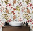 Tile mural with red rosehips, stylized flowers, and flowing vines