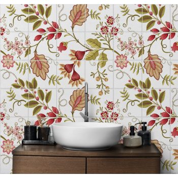 Tile mural with red rosehips, stylized flowers, and flowing vines