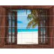 Tropical beach with palm tree seen through an open wooden window – exotic ceramic tile mural
