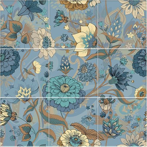 Stylized blue and beige floral ceramic tile mural