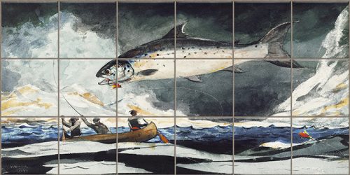 Fishing scene ceramic tile mural 