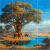 Elephants near water under a baobab tree in African landscape – ceramic decor tile mural