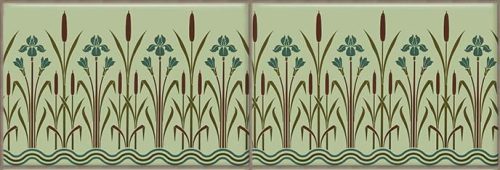 Szecessziós stílusú csempe náddal, íriszvirágokkal és stilizált hullámos mintával