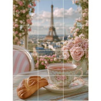 Romantikus csempekép Eiffel-toronnyal, virágos terasszal, teáscsészével és croissant-nal Romantikus csempekép Eiffel-toronnyal, virágos terasszal, teáscsészével és croissant-nal