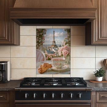 Romantikus csempekép Eiffel-toronnyal, virágos terasszal, teáscsészével és croissant-nal