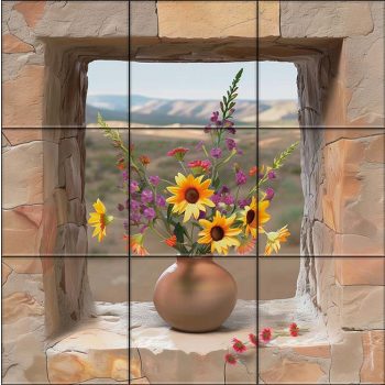 Tile mural with vase of sunflowers in stone window, with hills in background – rustic ceramic tile Tile mural with vase of sunflowers in stone window, with hills in background – rustic ceramic tile