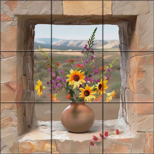 Tile mural with vase of sunflowers in stone window, with hills in background – rustic ceramic tile